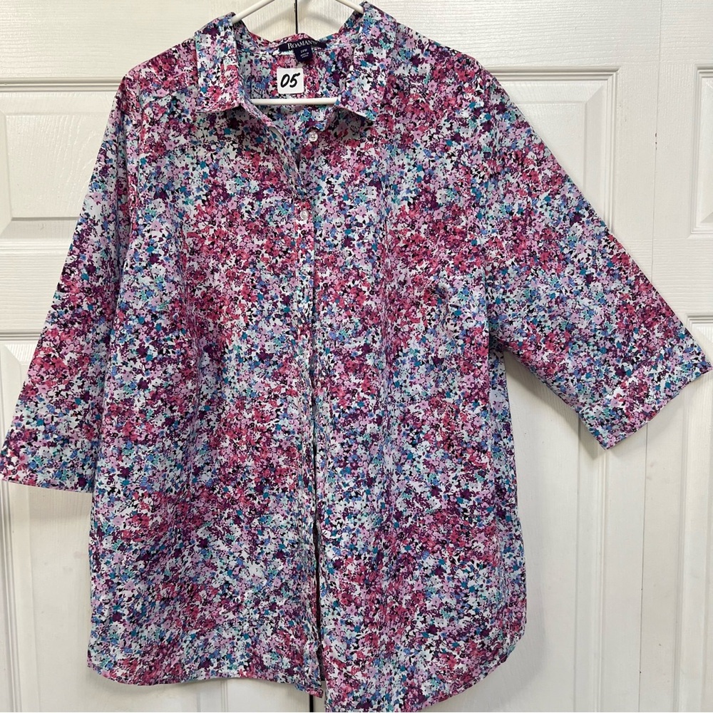 Roaman’s Plus Size 24W Floral Button Down Casual Shirt Cotton Blend 3/4 Sleeves